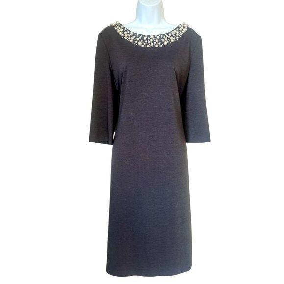Leslie Fay Pearl Embellished Gray Winter Sheath Dress Size 16 - Picture 2 of 10